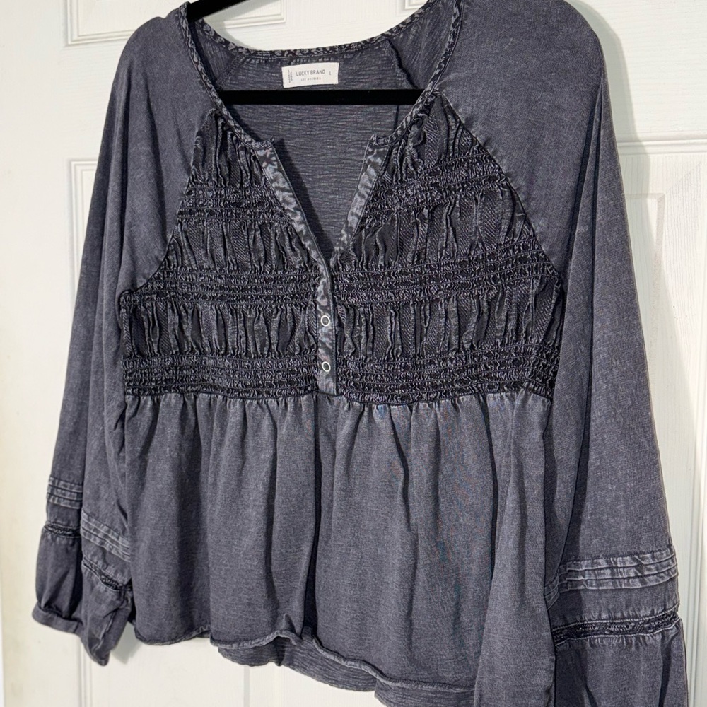 Lucky Brand Charcoal Gray Smocked Boho Blouse Long Sleeve Top Large